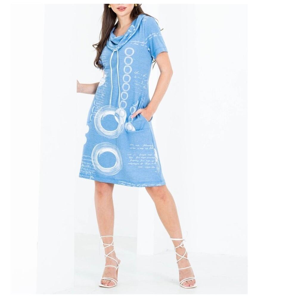 Women's Cowl Neck Summer Dress Size M Blue Short Sleeve Artex Fashions